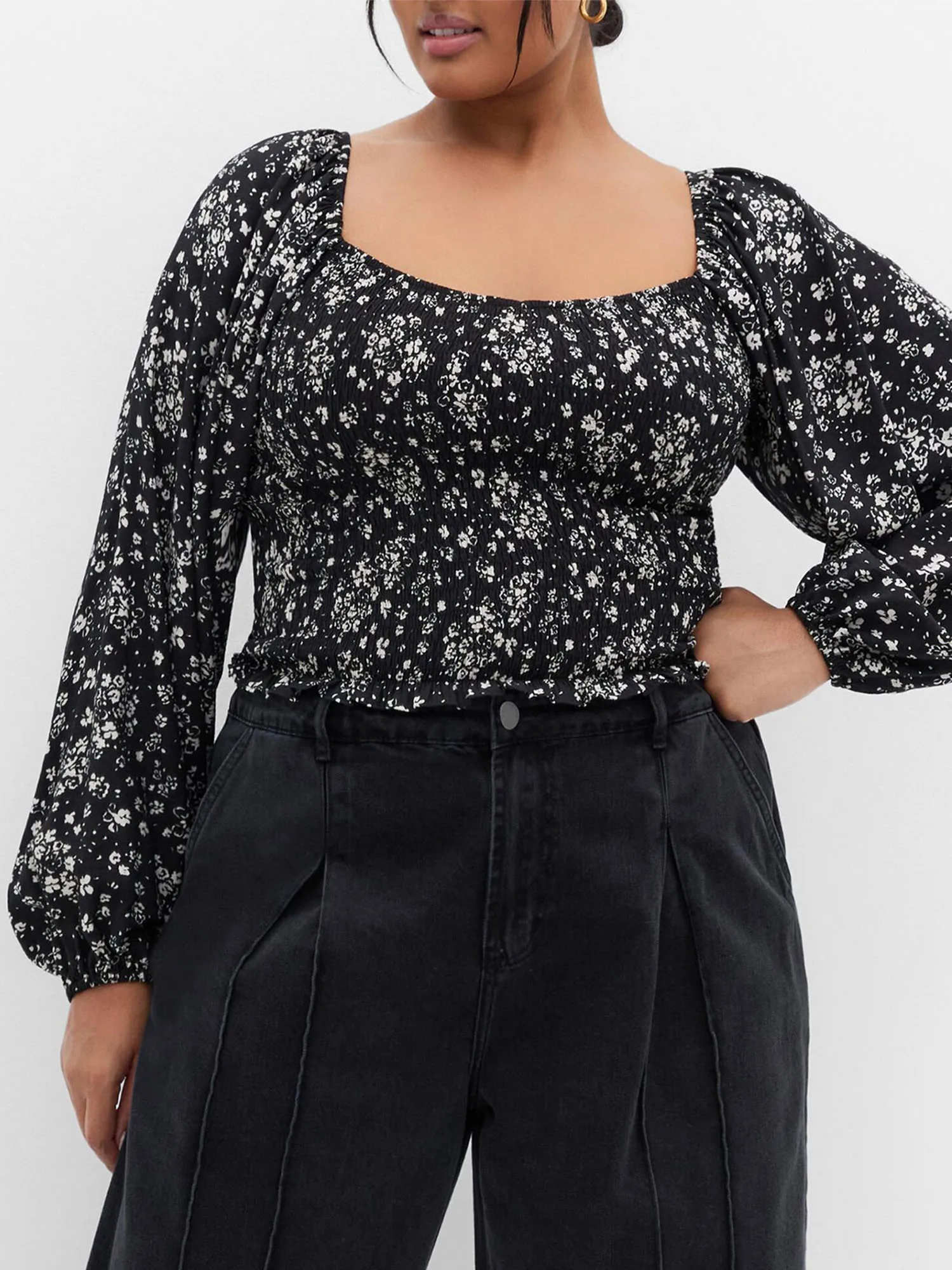 

2024, ранняя осень, женские блузки с цветочным принтом, большие топы с длинными рукавами-фонариками, со сборками, U-образный вырез, нарядные повседневные футболки больших размеров