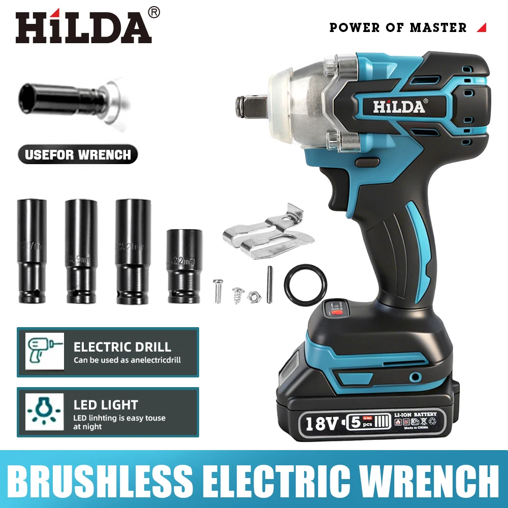 HILDA Electric Impact Wrench Cordless Brushless 18V Bare Tool High Torque Car Tire Repair Auto Mechanics Tool for Makita Battery