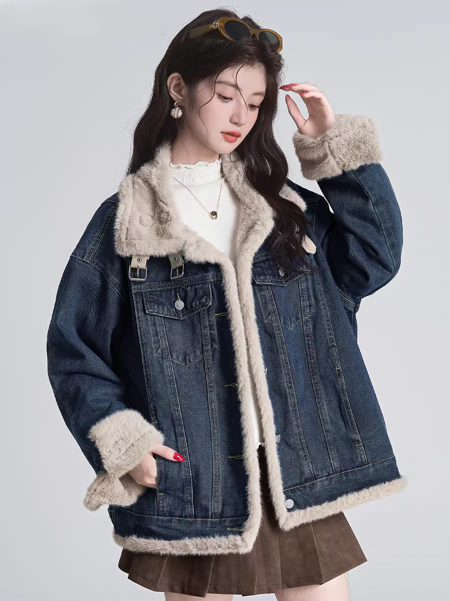 

Denim Coat With Fur And Hood Plush Womens Winter Wide Outcoats Steampunk Festival Nightclub Gathering Lined Buttoned Adjustable