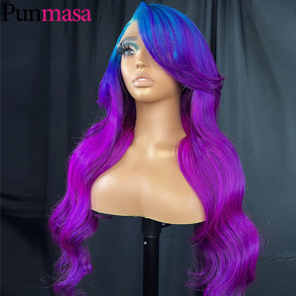 Ombre Blue Purple 13x6 Body Wave Human Hair Wigs Pre Plucked Glueless 5X5 Lace Wigs for Women 13x4 Transparent Lace Frontal Wigs