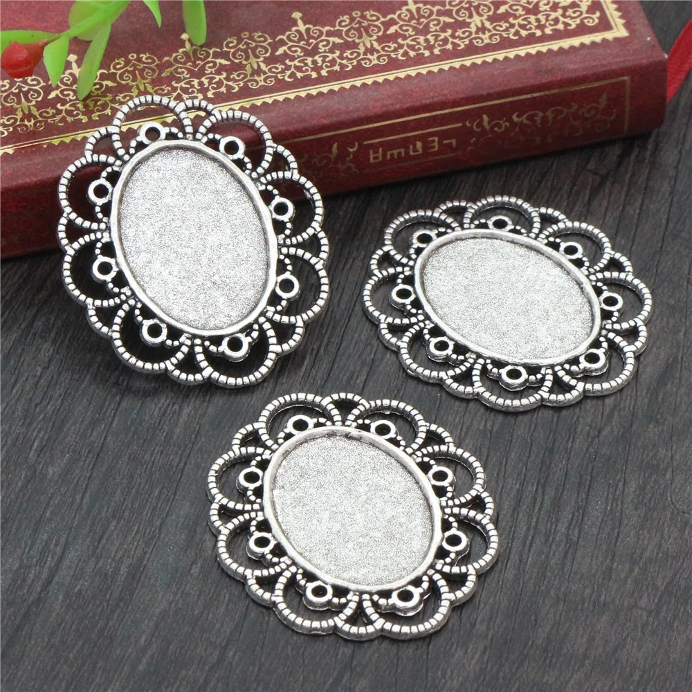 10pcs 18x25mm Inner Size 4 Colors Plated Flower Style Cameo Cabochon Base Setting Charms Pendant necklace findings