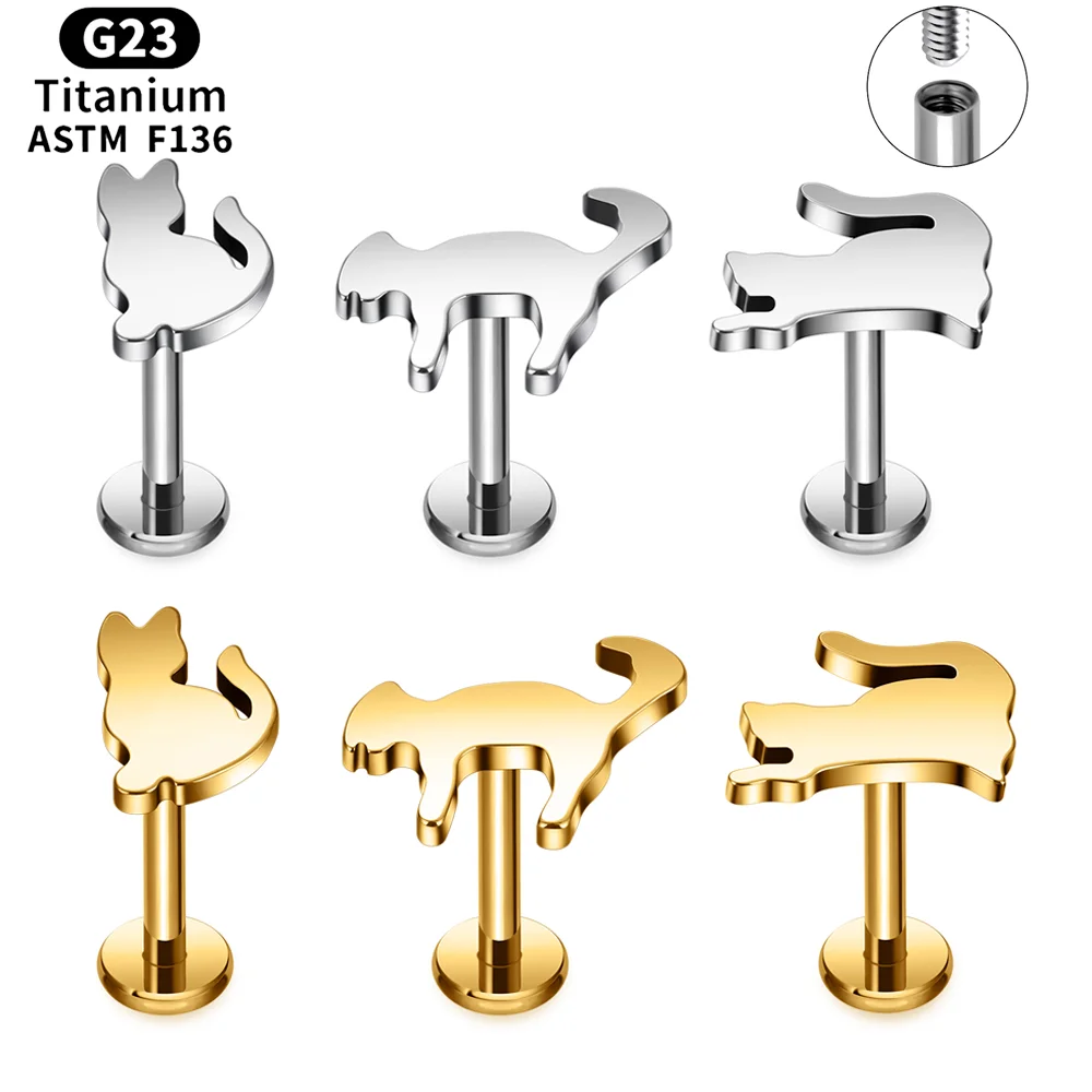 

G23 Titanium Gold Cat Design 16G Helix Tragus Daith Cartilage Labret Piercing Ear Stud Earrings Internal Thread Women Jewelry