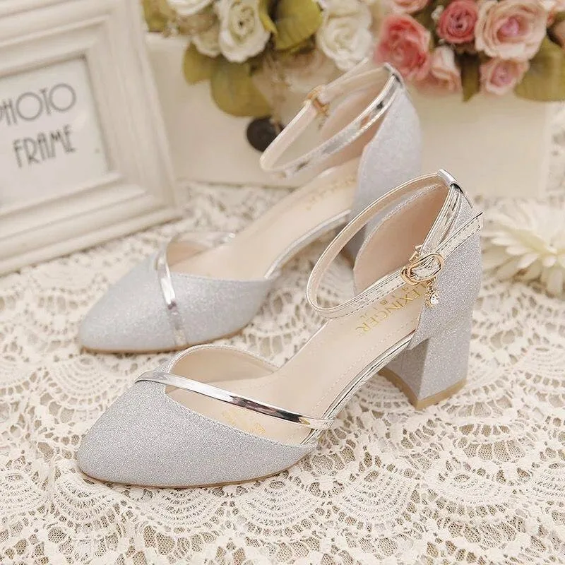 2024 Spring and Autumn New Sequin Wedding Shoes Women All Wear Chunky Single Shoes One Line Buckle Bridesmaid High Heels