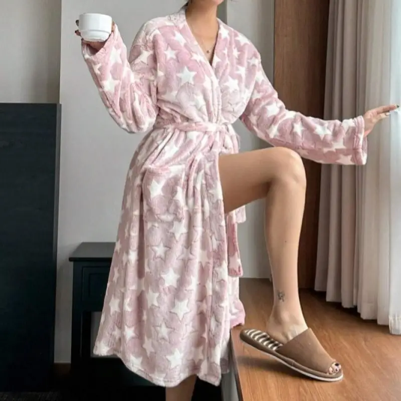 Autumn Winter New Thick Robe Flannel Star Print Kimono Loose Gown Sweet Pink Warm Bathrobe Thicken Soft Loungewear Sleepwear 3