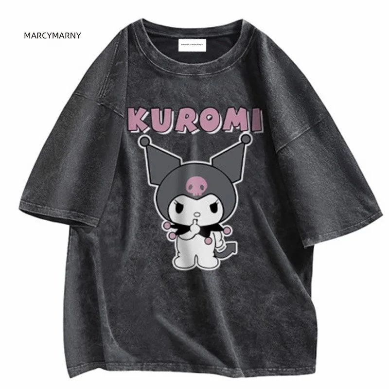 Sanrio Kuromi Graphic T Shirts Kpop Clothes Women American Retro Oversized Tshirts Y2k Streetwear Trend Tops Couples Summer Tees