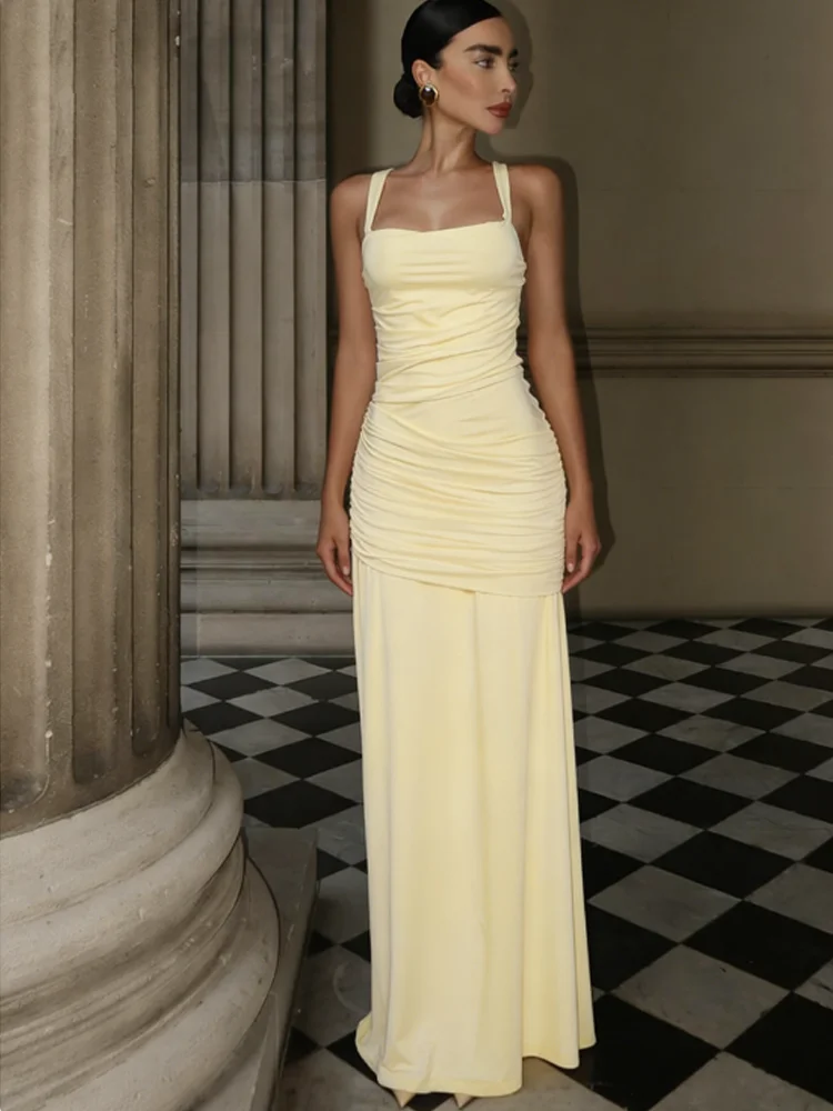 Nibber Folds Maxikleid für Damen, elegant, quadratischer Kragen, tief ausgeschnitten, ärmellos, rückenfrei, für Geburtstagsfeier, schmal geschnitten, einfarbig, schick, für Bankette