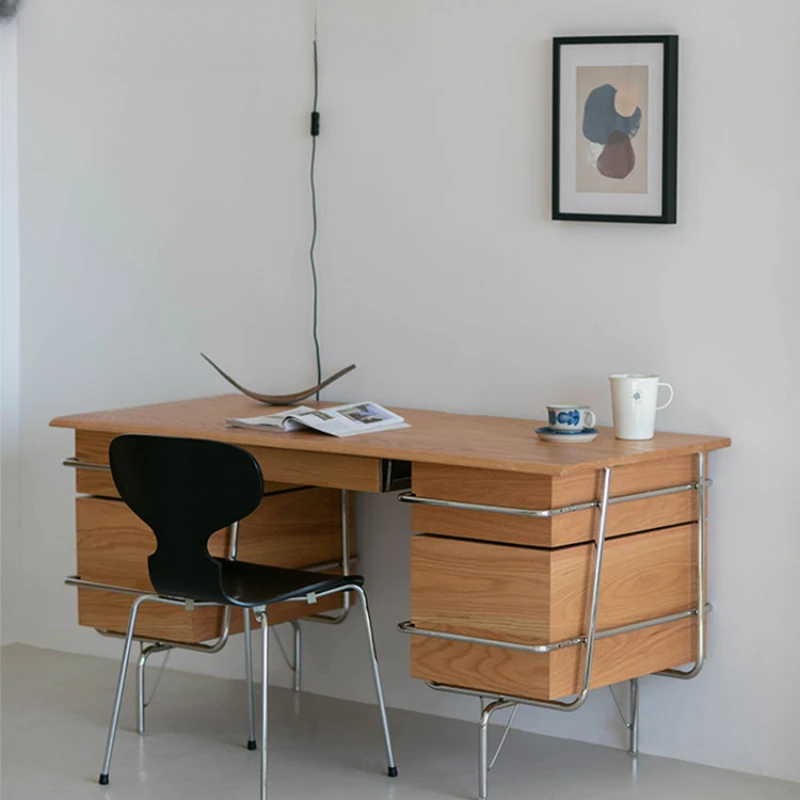 

Vintage nostalgic stainless steel oak workbench writing desk