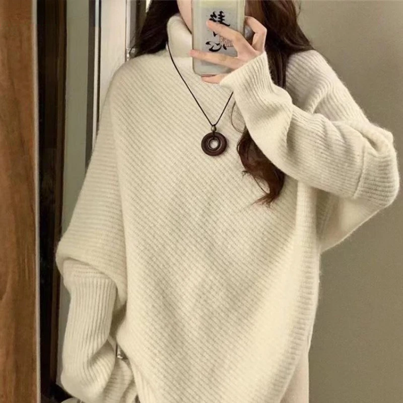 

Fashion Women Solid Irregular Batwing Sleeve Pullover Sweater Women's Autumn And Winter Loose Vintage Knit A-straigh Top Coat