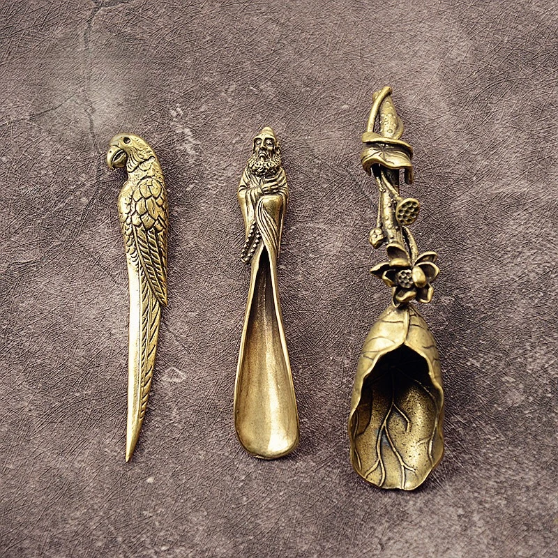 Solid Brass Tea Spatula Home Decor Figurines Miniatures Lotus Flower Bodhidharma Tea Spatula Ornaments Kung Fu Tea Accessories