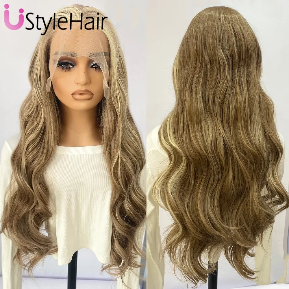 UStyleHair Brown Wig with Blonde Highlights Lace Front Synthetic Wigs Natural Hairline Long Body Wave Wig Daily Use Cosplay Hair