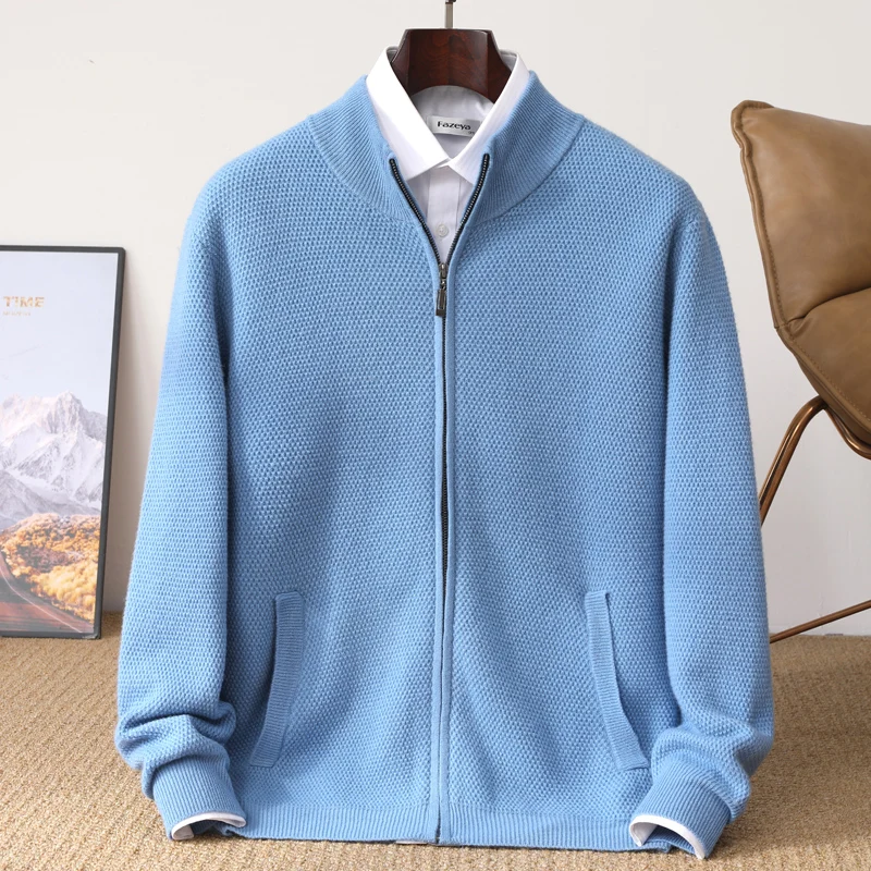 

Высококачественный мужской кардиган из 100% мериносовой шерсти, вязаная куртка на молнии, осень/зима, утепленный мужской свитер с длинными рукавами и полувысоким воротником, пальто