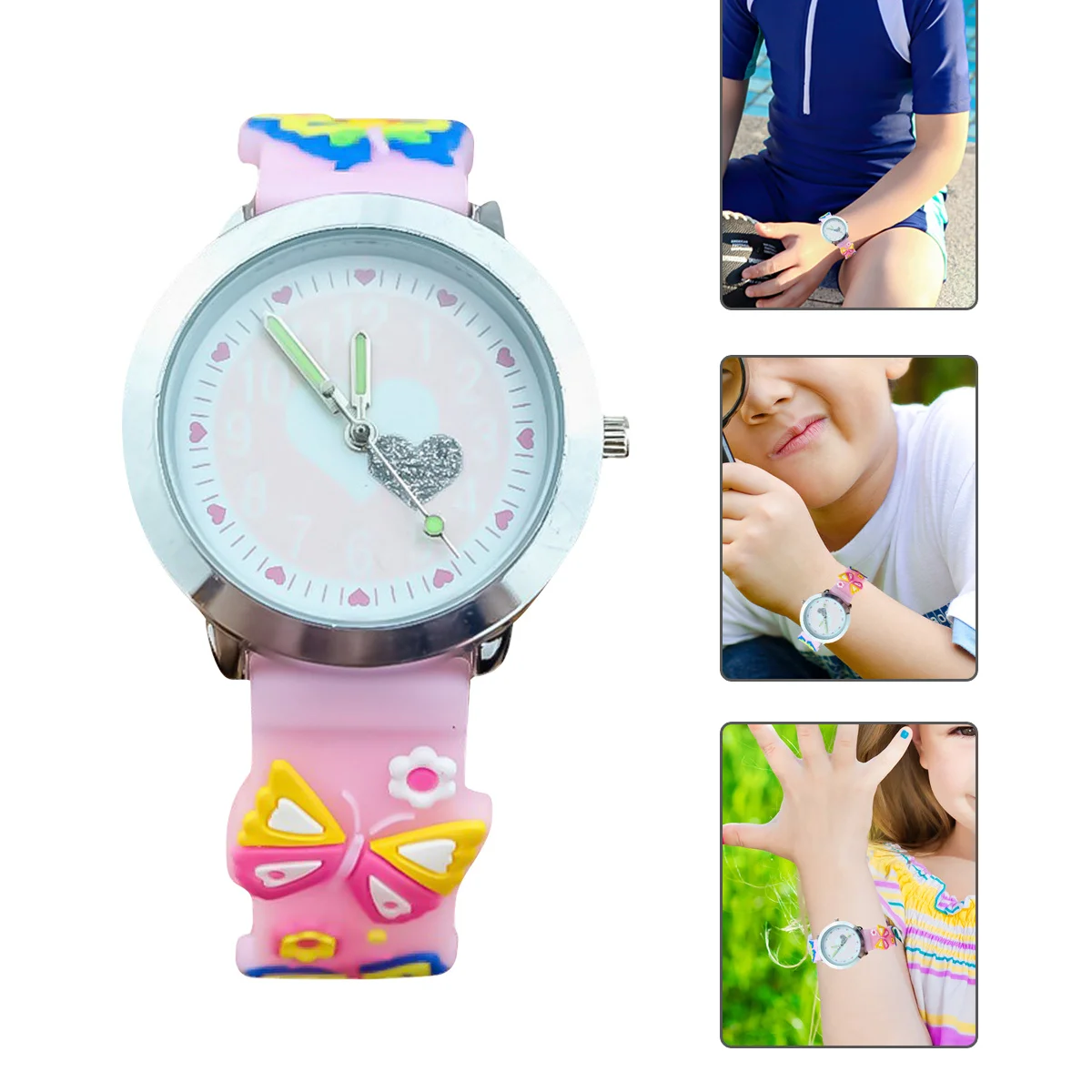 1 pçs relógio de pulso borboleta rosa diamante dos desenhos animados decoração relógio silicone macio confortável tempo preciso