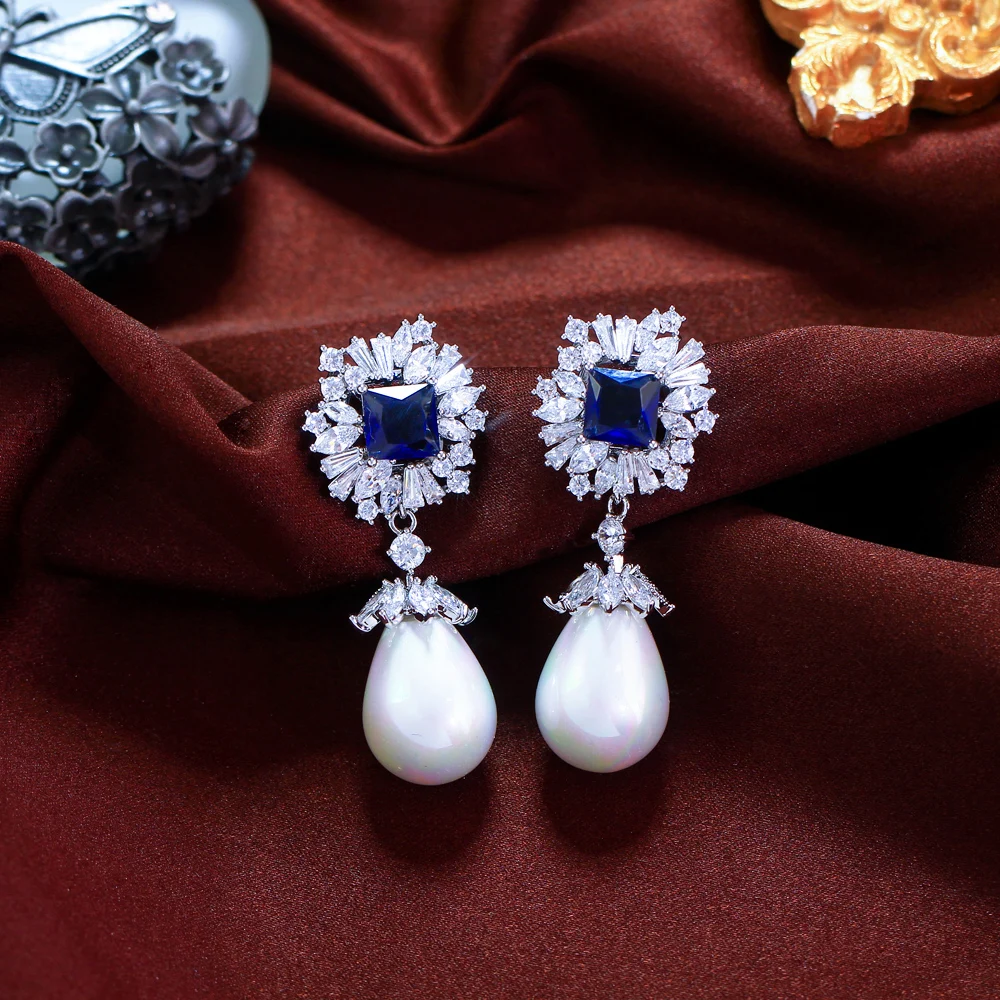 CWWZircons Sparkling Dark Blue Cubic Zirconia Dangling Drop Pearl Long Wedding Banquet Engagement Party Earrings for Women CZ982