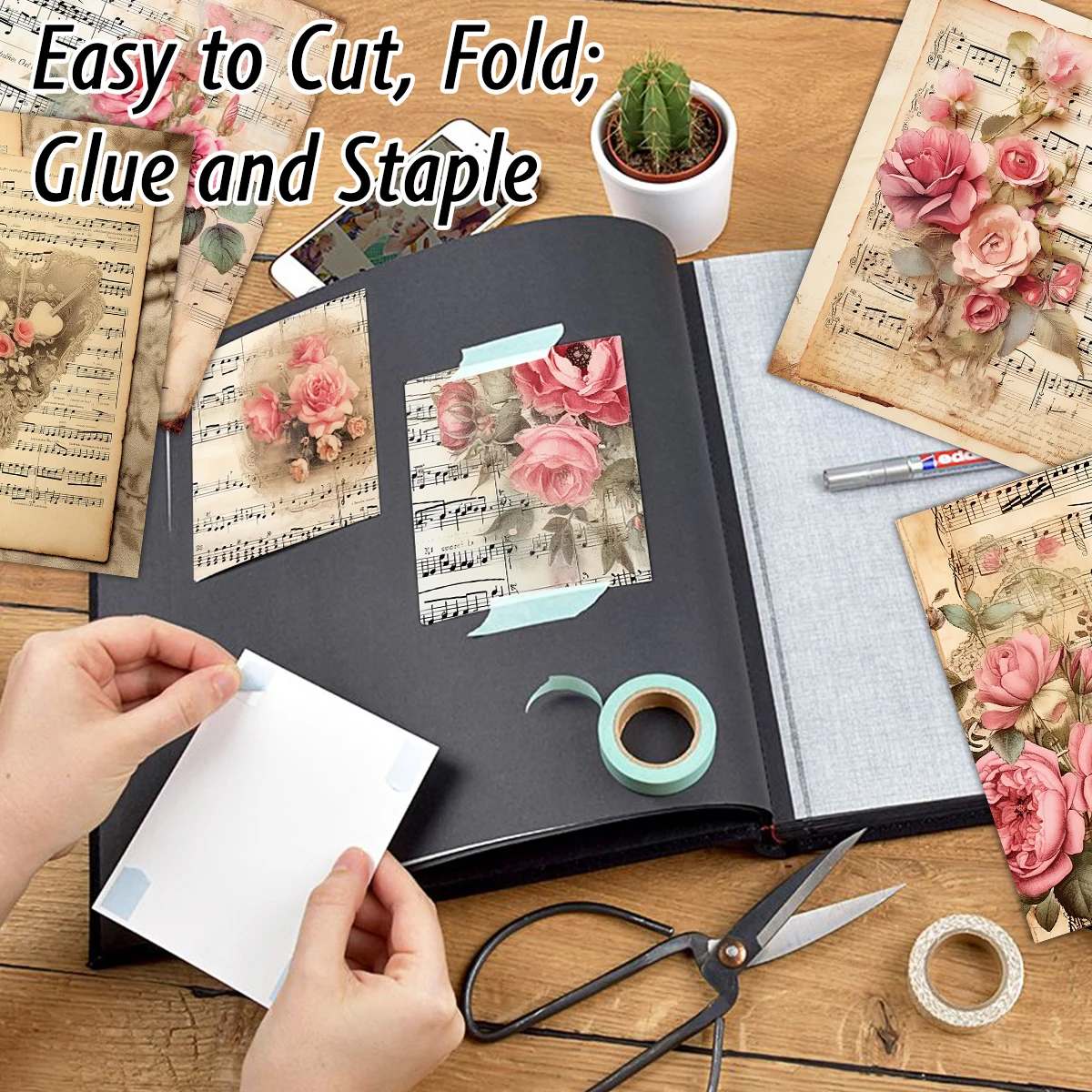 12pcs Vintage Floral Music Sheets Scrapbook Paper for Valentine\'s Day Wedding,Single-Sided Craft Paper for Journals,Scrapbooking