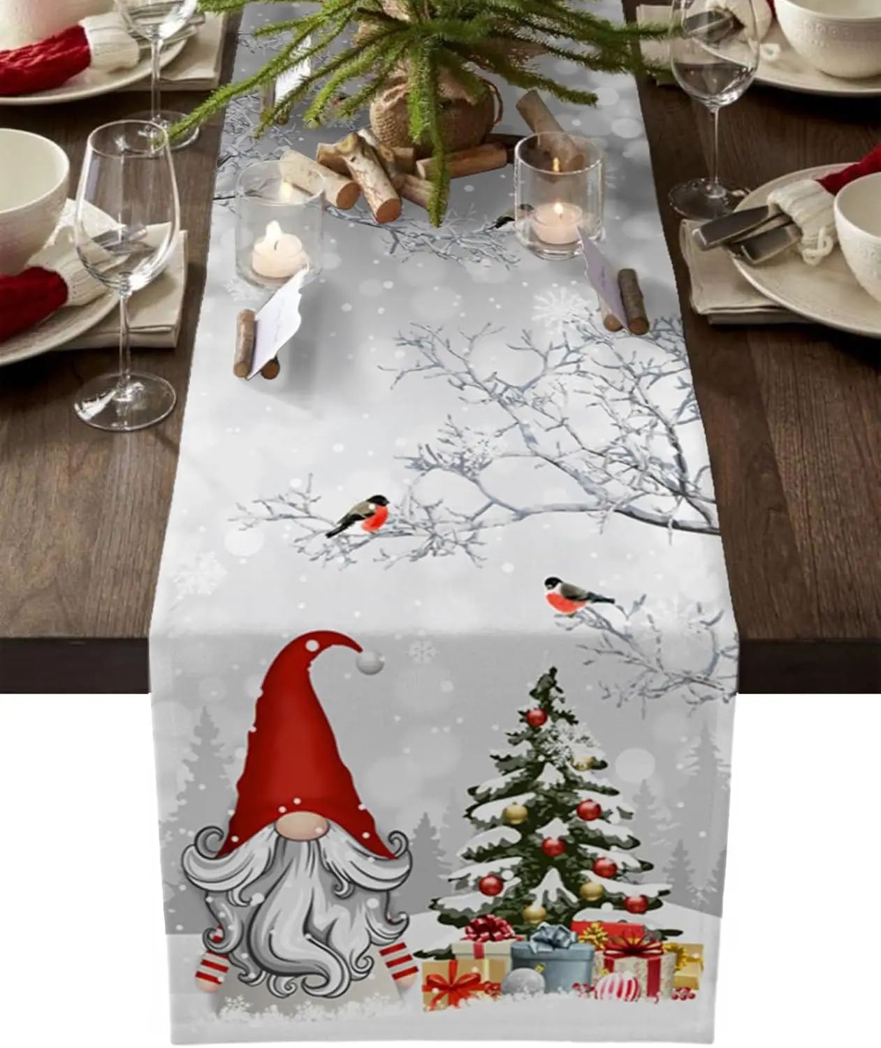 Christmas Tree Gnome Linen Table Runner Party Decor Reusable Winter Xmas Snowflakes Branch Table Runners Christmas Decorations