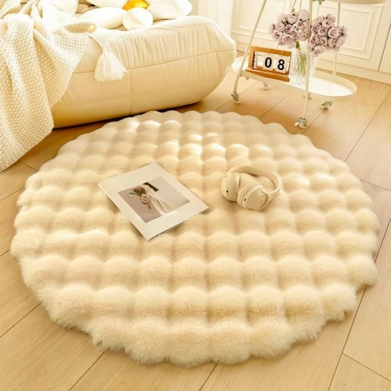 Soft 30/50/60/80/100cm Plush Round Carpet Non Slip Round Faux Rabbit Fur Mat Bedroom Bedside Long Hair Bubble Rugs Living Room