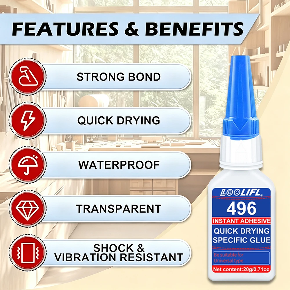 496 Instant Super Glue  Strong Adhesive Waterproof High Temperature Resistant Multi‑Purpose Glue for Metal Plastic Rubber Repair