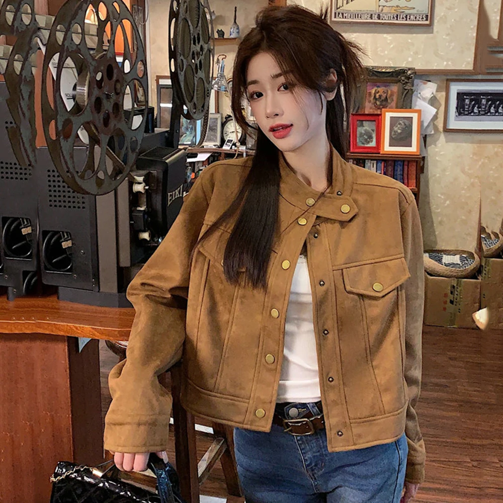 

2024 Autumn Suede Short Coat Women's French Small Fragrant Wind Jacket Ladies Round Neck Solid Color Casual Tops Elegant Outwear