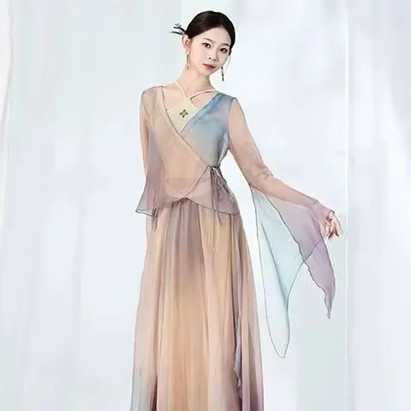 Elegante gradiente saia de balé feminino chiffon flowy longo dancewear 360-720 graus traje de dança clássica desempenho maxi saia