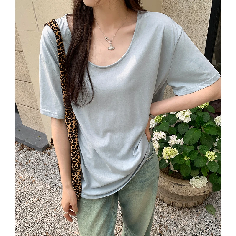 

2024 New Summer T Shirt Women Casual Loose Solid Color Short Sleeve T-Shirts Female Clothing Streetwear Top