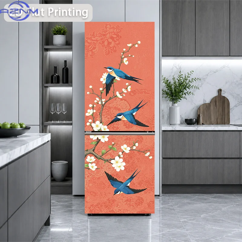 [2D Flat Printing] 1pc Fridge Magnet Sticker 60 X 180 Cm Spring Swallow Perching on Flowers Design, Wall Decoration Wallpaper