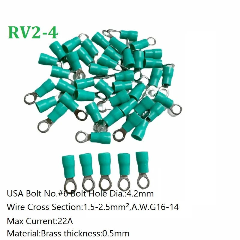 RV2-4 Per 50Pcs Wire 1.5-2.5mm² Crimp Terminal Bolt #6 AWG16-14 Insulated Ring Terminal Tubular Cable Lug Starfix Connector