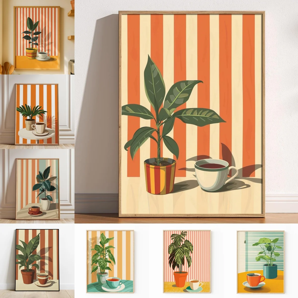 Vintage Coffee Plant Warm Stripes Canvas Prints Poster Retro MinimalistSuitable for Decoration in Living Rooms Bedrooms
