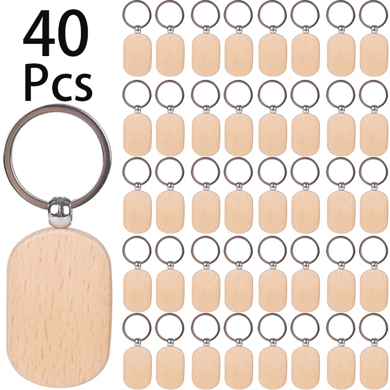 

40Pcs Wooden Blanks Keychain Pendants Rectangular Rectangle Keyrings DIY Wood ID Tags Gifts Decoration