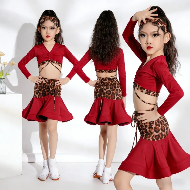 Girls Leopard Print Latin Dance Dress, Elegant Floral Practice Outfit High-End Latin Dance Skirt Perfect Stage Performance