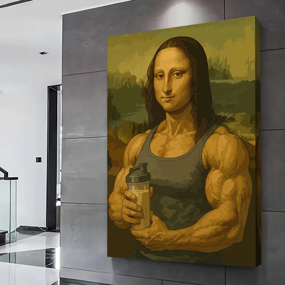 Muscular Mona Lisa With Protein Shake Printing Poster Customizable Pictures Wall Art Canvas Painting for Luxury Decoration Room
