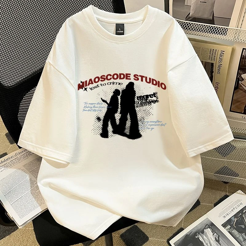 Pure Cotton Summer New European and American Rock Figure Print Short-sleeved T-shirt Men All with Loose Heavy Top Ins