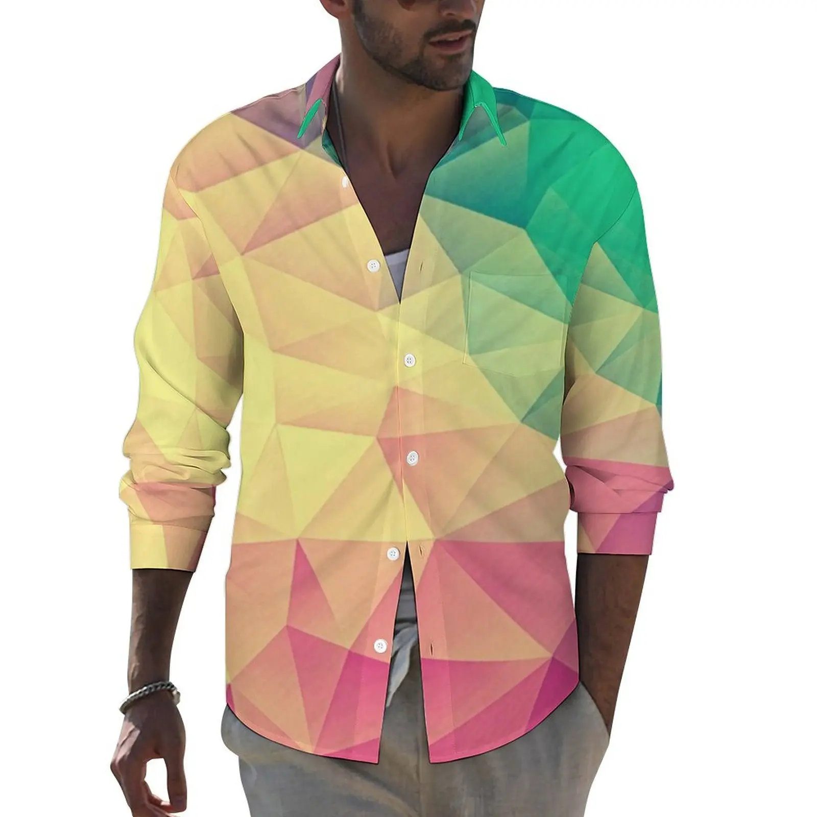 

Abstract Geometric Print Shirt Multicolor Triangle Casual Shirts Long Sleeve Streetwear Blouses Spring Fashion Oversized Top