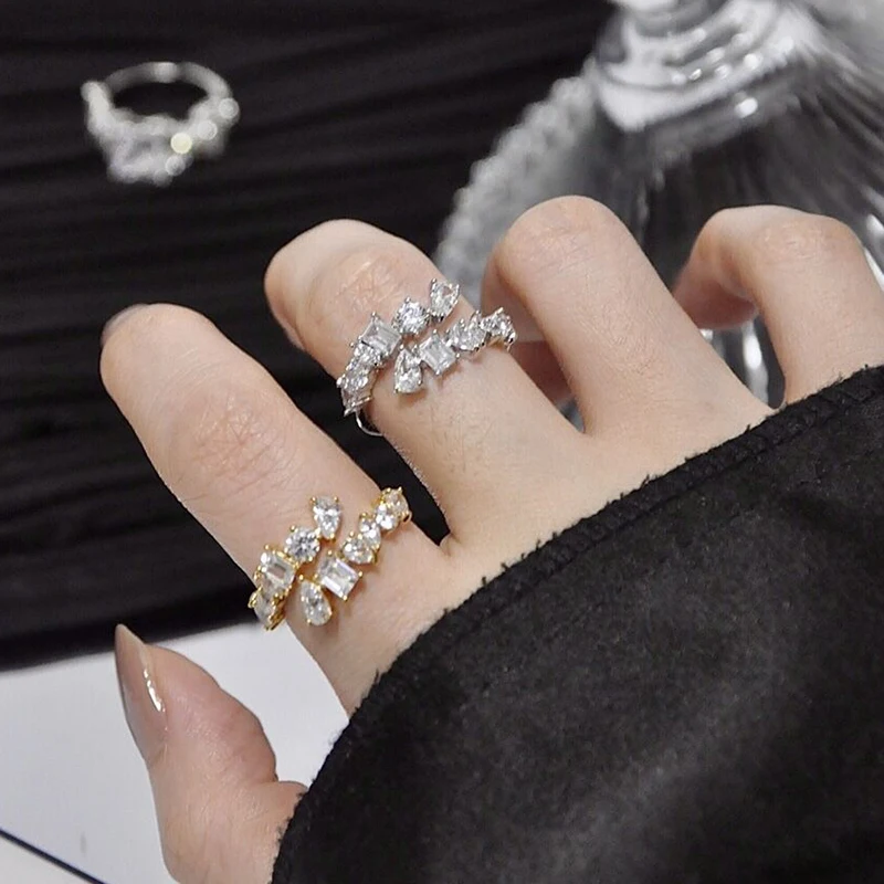 LXOEN 2022 Fashion 2 Layers Irregular AAA Cubic Zirconia Couple Wedding Open Adjust Rings for Charm Women Silver Color Jewelry