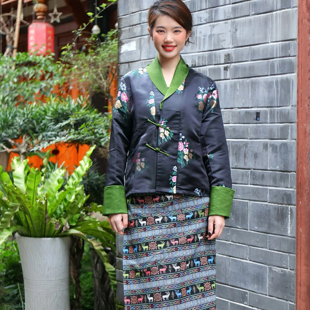 Ropa tradicional tibetana para mujer, abrigo de baile al aire libre + conjunto de falda, prenda de señora joven, traje diario informal del Tíbet mejorado TP073