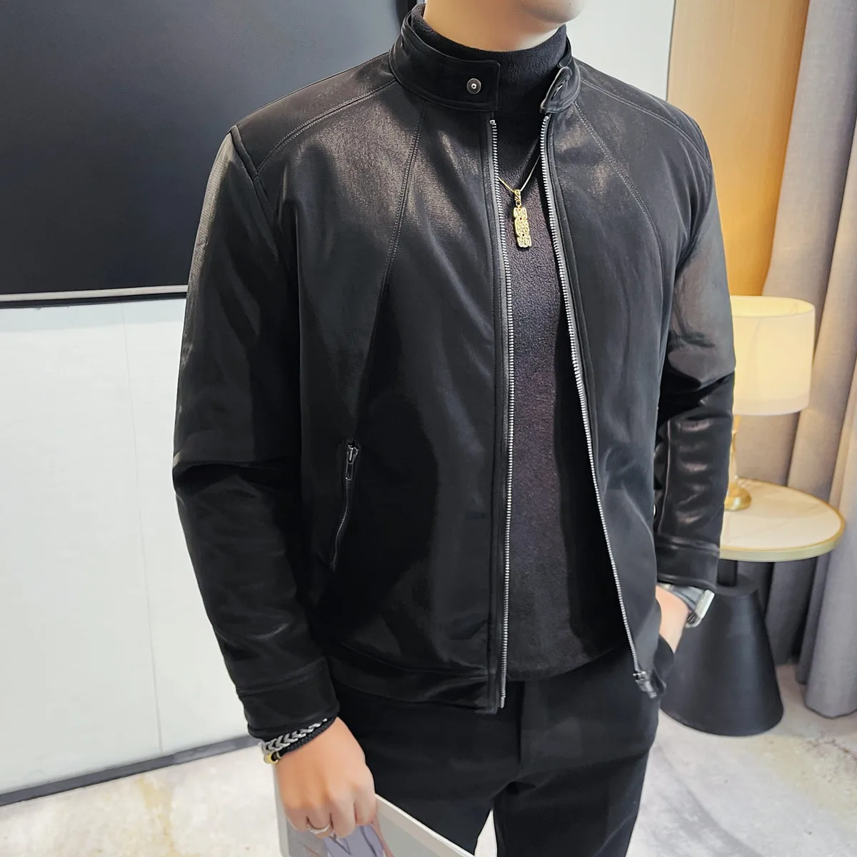 

2025 модная мужская куртка-бомбер с воротником-стойкой на молнии, повседневные деловые осенне-зимние толстые теплые пальто, мужская одежда