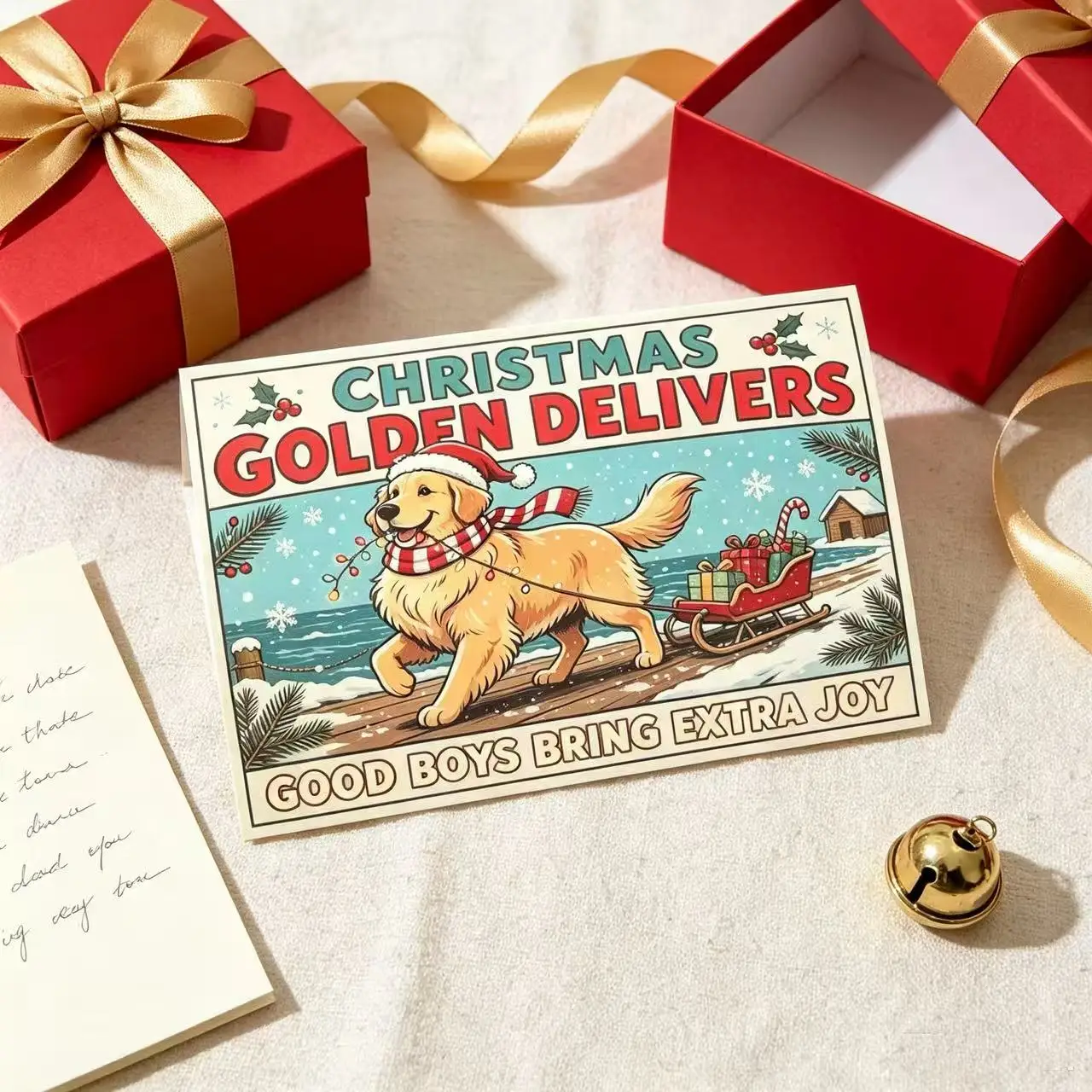 Golden Retriever Dog Christmas Greeting Card, Funny Xmas Holiday Wish Card, Cute Cartoon Pet Dog Pulling Sleigh Gifts Design, Bl
