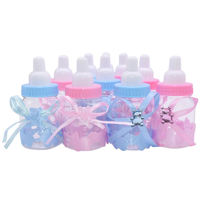 12pcs Boy Girl Plastic Feeder Bottle Cute Blue/pink Candy Box Baptism Christening Gender Reveal Baby Shower Party Gifts Supplies