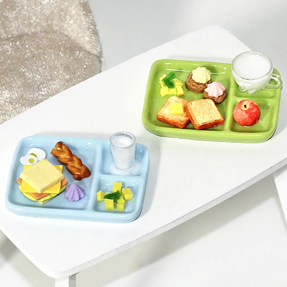 

1/12 Dollhouse Miniature Accessories Mini Breakfast Buffet Plate Model Milk Bread Tray for Doll House Home Decoration ob11 bjd