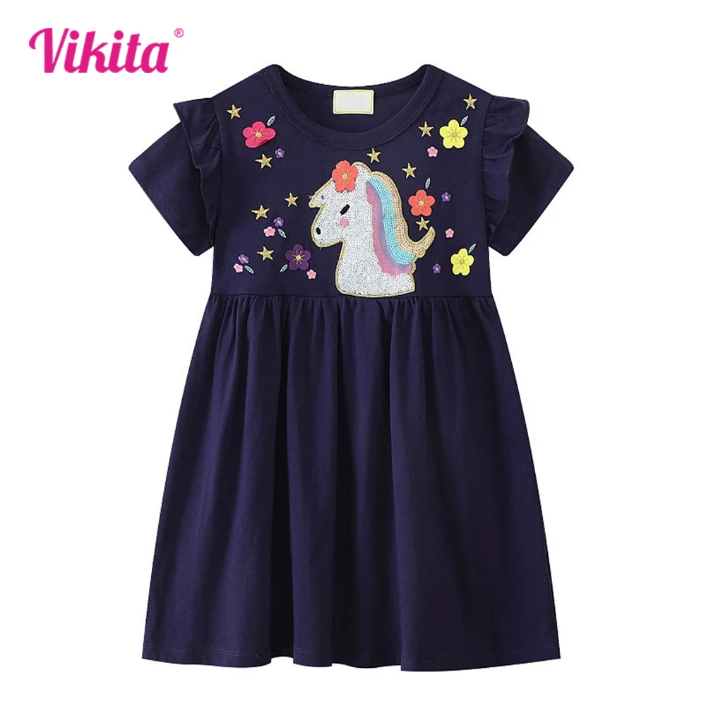

VIKITA Children Cotton Casual Costumes Kids Summer Short Sleeve Navy Blue Dresses Girls Licorne Flower Appliqued Straight Frocks