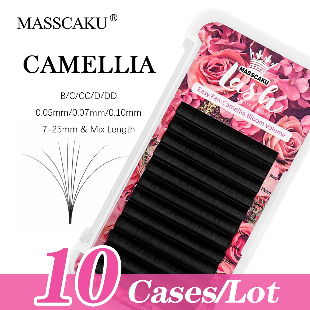 

MASSCAKU 10cases/lot Camellia Blooming Eyelash 8-20mm Single Length Hot Sellling Auto Fans Individual Lash for Beauty Makeup Use