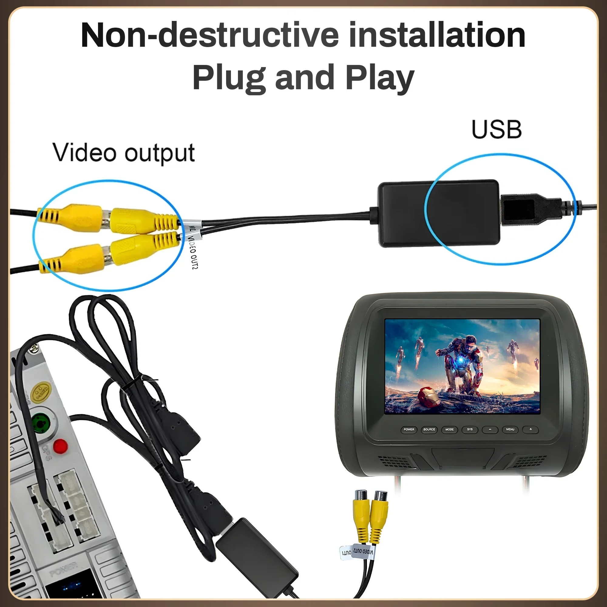 USB Interface To RCA Video Out Adapter Connect Headrest Monitor for Car Radio Android System Player Operating Voltage 5v