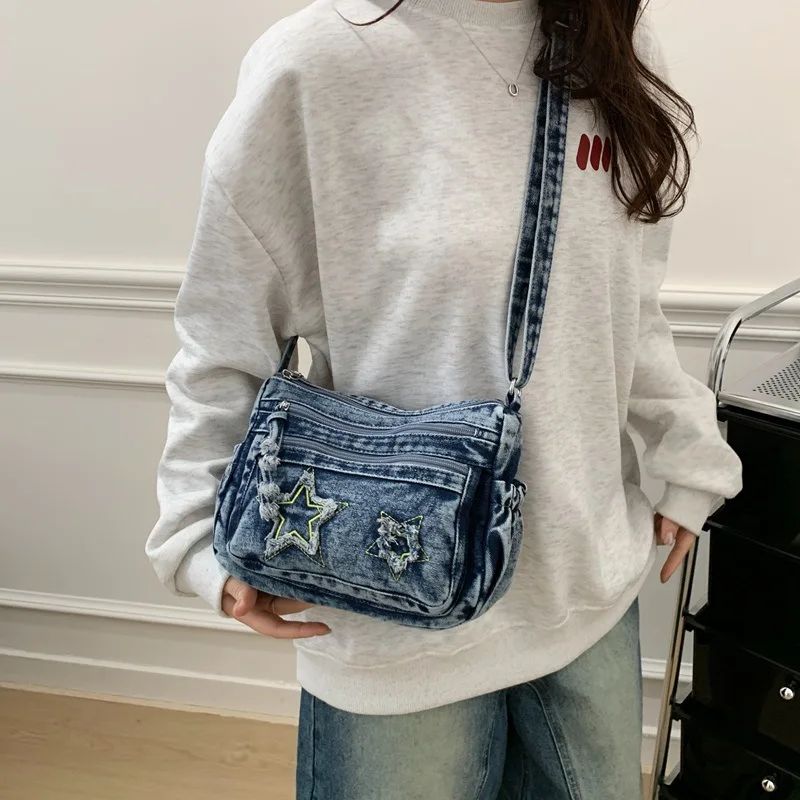Fashion Crossbody Bags for Women Stylish Denim Casual and Simple Shoulder Bag with Stars Lightweight Versatile Commuting Bag view 3