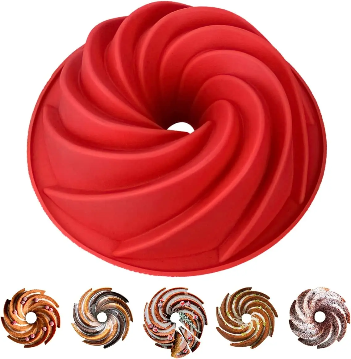 9.5 Inch Cake Pan, Silicone Fluted Cake Mold, Nonstick Cake Pan with Spiral Design for Cake Jello Bread Birthday Party - Red