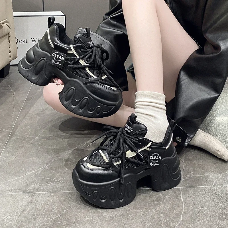 Jesień Wiosna Chunky Sneakers Women Lace Up Platform Sports Shoes Woman Goth Thick Bottom High Heels Female 8CM Wedges Sneakers