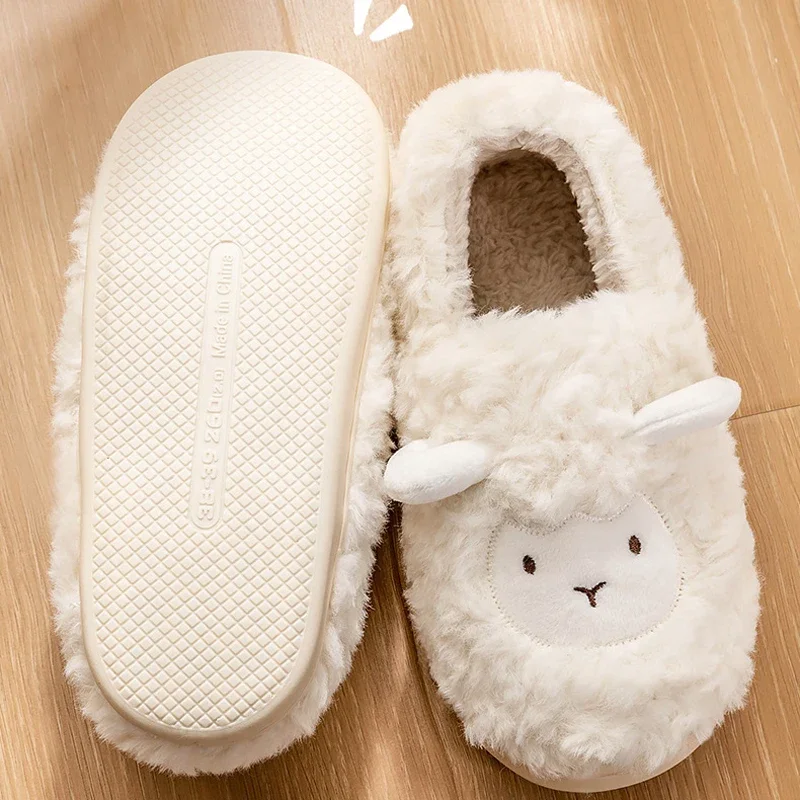 House Slipper Womens Sheep Lamb flip flop Winter Warm Cartoon Kawaii Animal peluche Indoor Home Shoes Flat Fuzzy Female slides