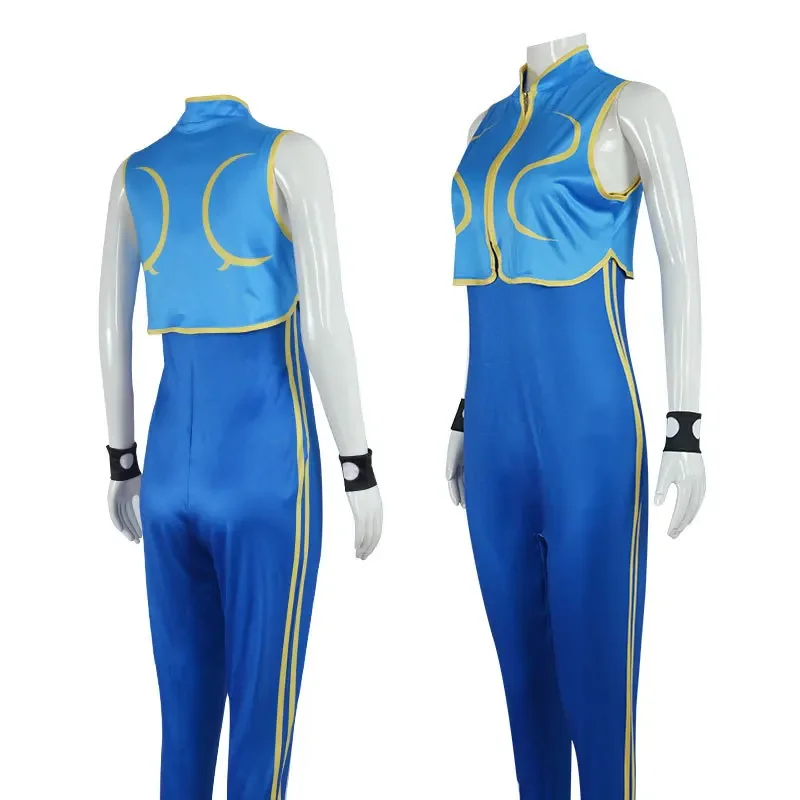 Games Chun Li Cosplay Costume Blue Bodysuit Battle Game Bodysuits Women Girls Chun-Li Suit with Bracelet and Hair Ties