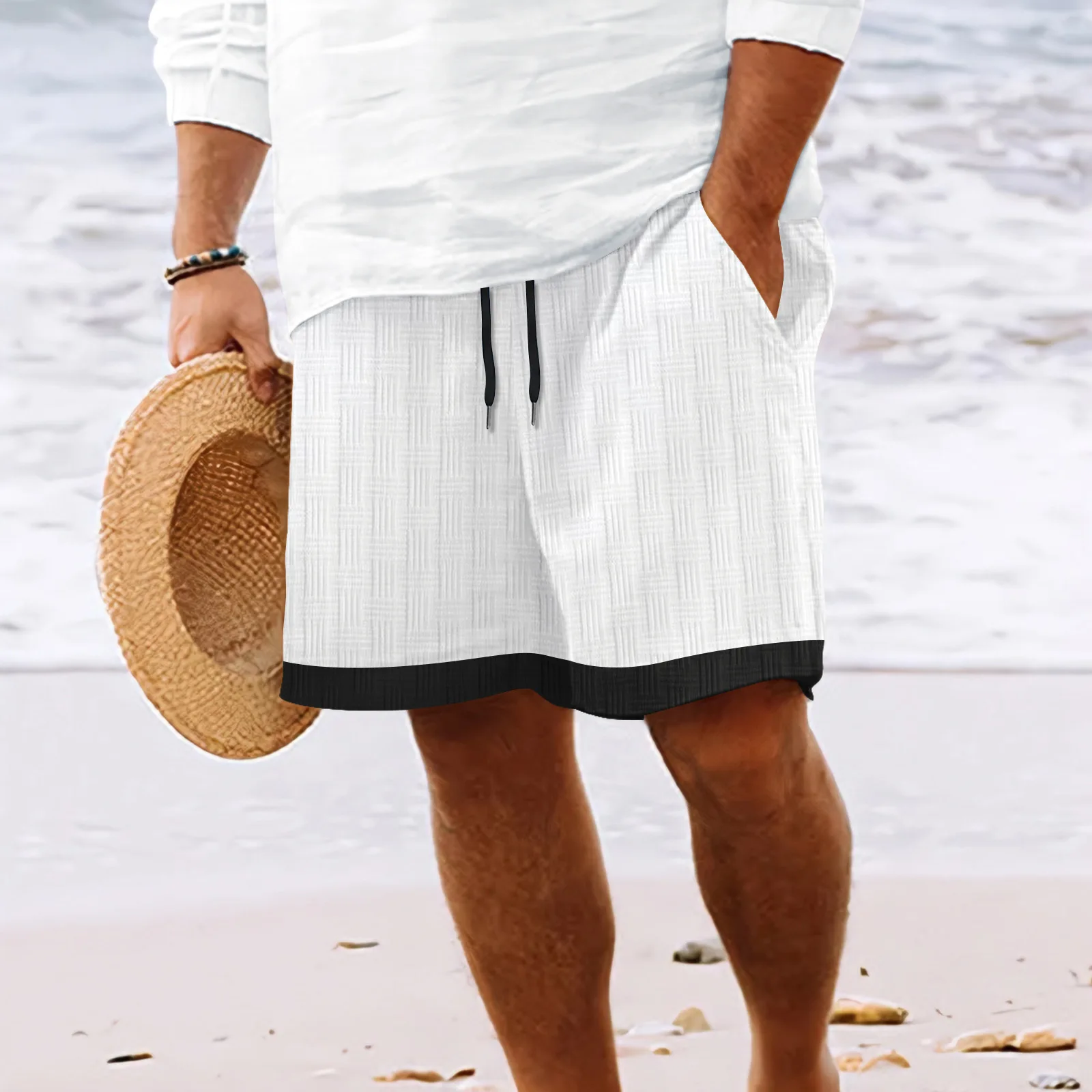 2025 Fashion New men's Hawaiian beach style everyday casual solid-color jacquard lace-up comfortable and breathable shorts