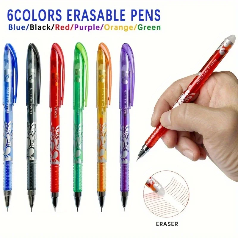 0.5mm Erasable Gel Pen Set 6 Colors Ink Writing Gel Pens Refills Rods Washable Handle for School Office Stationery Supplies