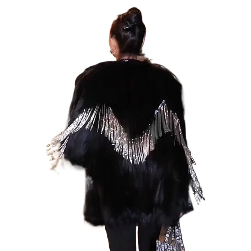 

Fall and Winter New Imitation Fox Fur Coat Women's Medium and Long Black Swan Imitation Fringed Long Hair Thickened Foreign Gas