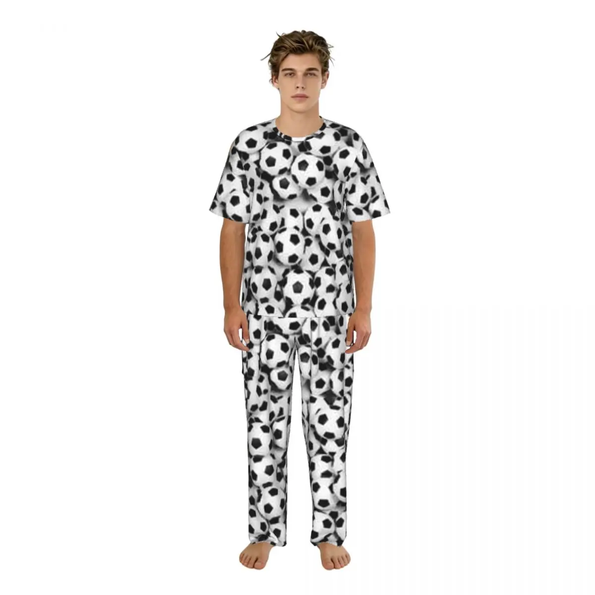 

Men Pajamas Suit Short Sleeved Long Pants Soccer Balls Background Sleepwear Summer Home Clothing Set